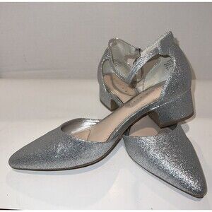 Kelly + Katie Shoes Sz 9 Joe Point Toe Ankle Strap Heels Silver Sparkle Low Heel